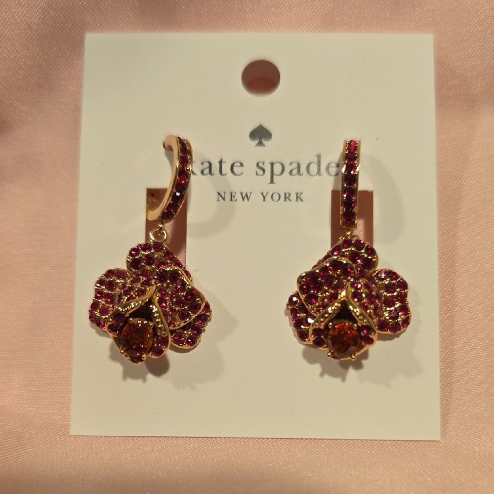 kate spade gold-tone pink crystal floral hoop drop earrings